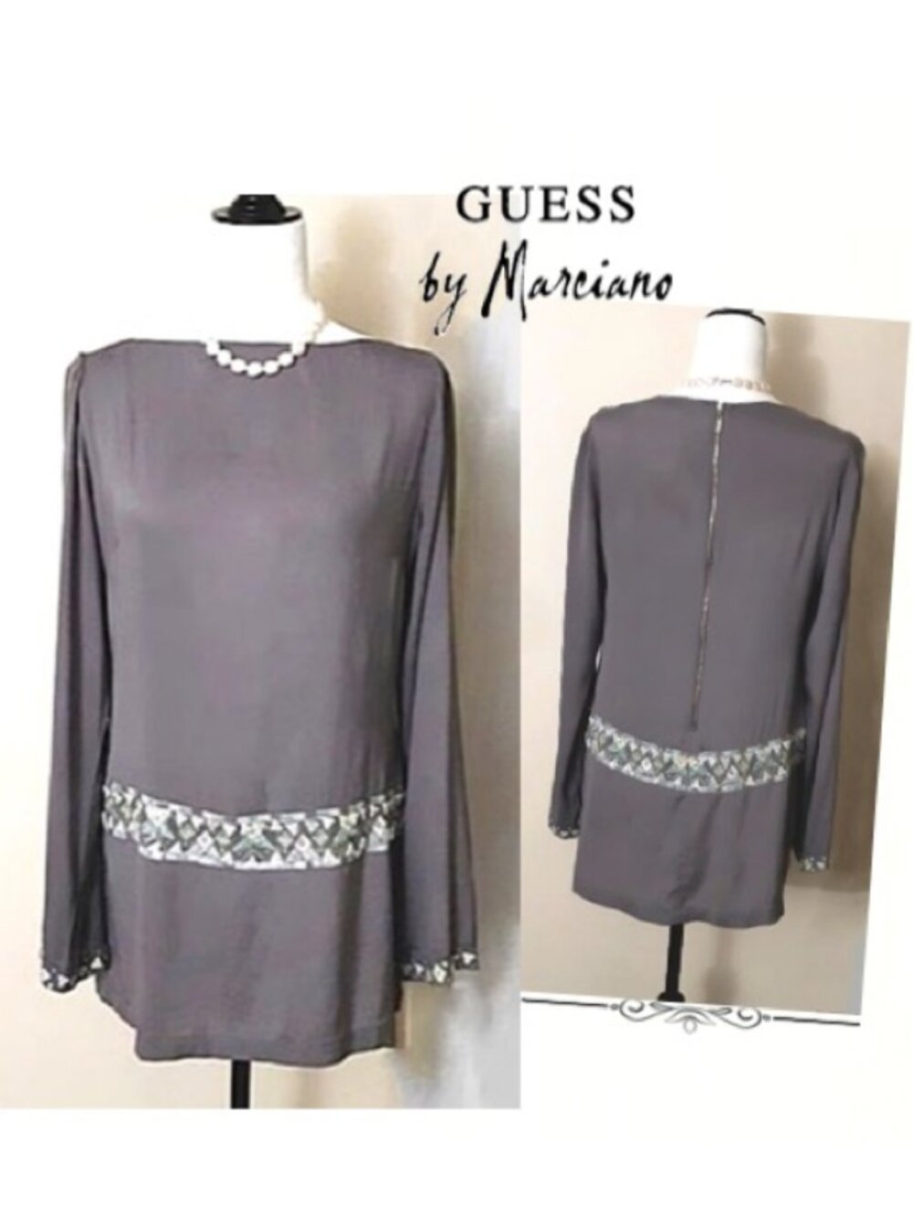 GUESS by MARCIANO Silk Blend Dress Embroidered MOP Sequin Button Grey Tu…
